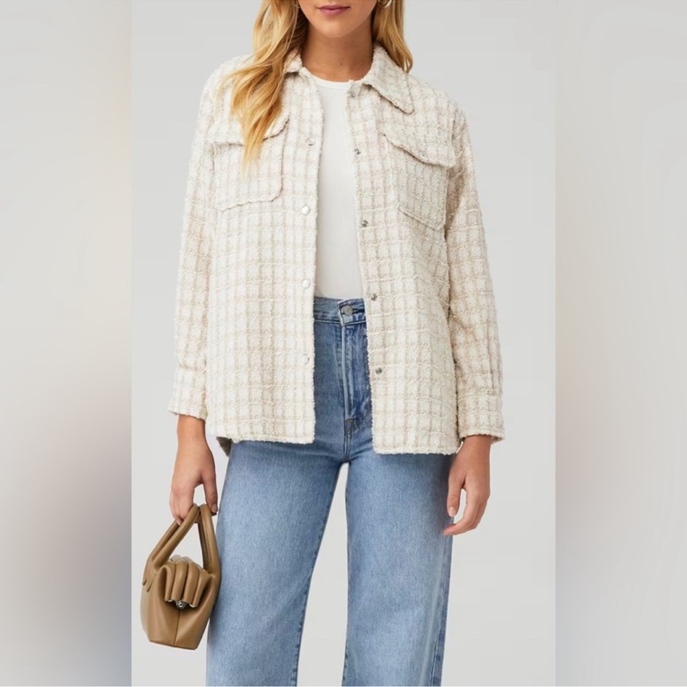 BB DAKOTA STEVE MADDEN Tweed Nevermind Boucle Snap Shirt Jacket Cream Tan Med - Picture 2 of 15